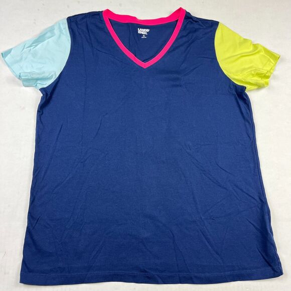 Lands End Womens Colorblock V-Neck Tee Medium Casual Soft Cotton Short Sleeve - Picture 1 of 9